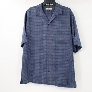 Tommy bahama hawaiian shirt men's M embossed palm tree button up blue plaid silk